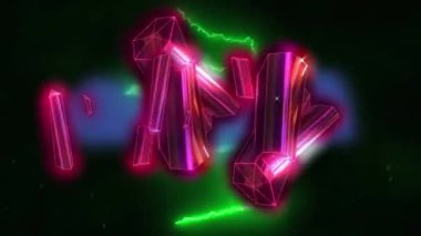 Siyah arkaplanda yüzen pembe metalik çubuklarla parlayan yeşil elektrik akımlarının animasyonu. enerji, iletişim ve veri aktarım konsepti dijital olarak oluşturulmuş video.