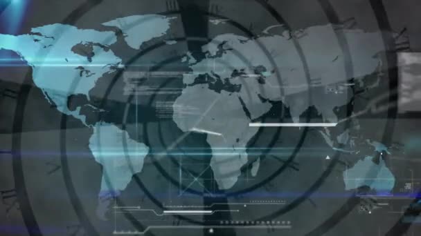 Animering Skanner Och Databehandling Över Globala Nätverk Anslutningar Världskartan Global — Stockvideo