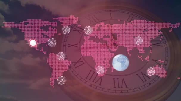 Animação Globo Processamento Dados Sobre Relógio Rede Conexões Mapa Mundo — Vídeo de Stock