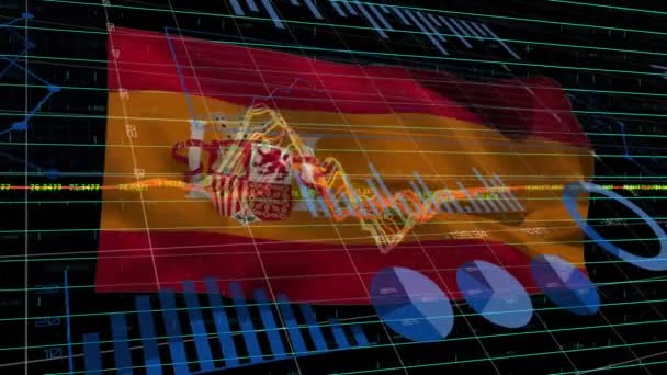 Animação Processamento Dados Gráficos Sobre Bandeira Espanha Fundo Preto Conceito — Vídeo de Stock