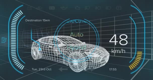 Animacja Danych Prędkościomierzu Statusie Mocy Hybrydowym Interfejsie Pojazdu Ponad Modelu — Wideo stockowe