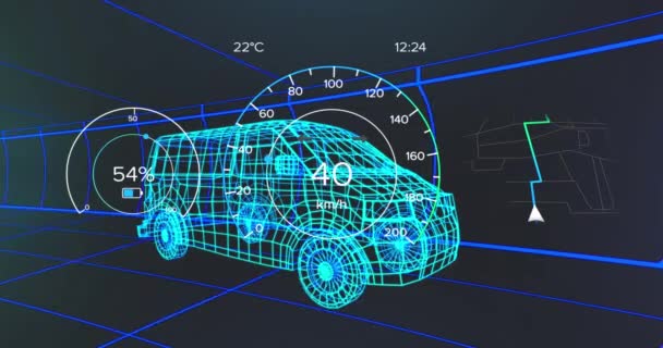 Animacja Danych Prędkościomierza Gps Stanu Naładowania Interfejsie Pojazdu Ponad Model — Wideo stockowe