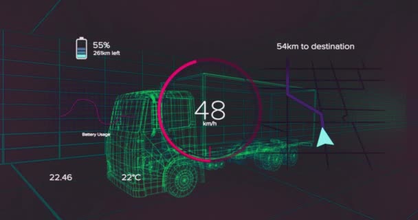 动画速度计 Gps和充电状态数据的车辆接口 超过3D卡车模型 运输和技术 工程设计和数字视讯接口概念 — 图库视频影像