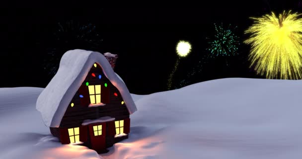 Animatie Van Kerstmis Nieuwjaar Vuurwerk Nachtelijke Hemel Boven Besneeuwde Huis — Stockvideo