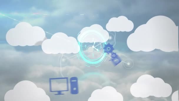 Animación Del Reloj Moviéndose Rápidamente Través Nubes Digitales Red Conexiones — Vídeos de Stock