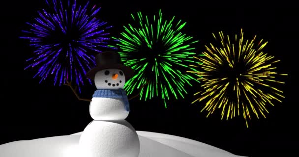 Animação Boneco Neve Com Natal Colorido Fogos Artifício Ano Novo — Vídeo de Stock