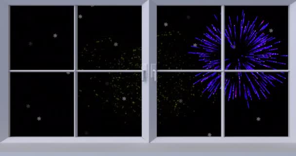 用白星和圣诞以及新年烟火在夜空中爆炸的窗户的动画 圣诞节 庆祝活动 聚会和传统概念数码制作的视频 — 图库视频影像