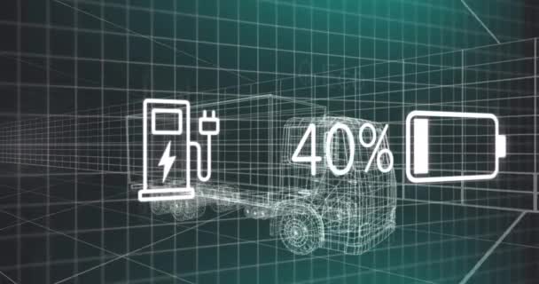 在电动汽车接口上动画充电状态数据 3D以上的卡车模型 运输和技术 工程设计和数字视讯接口概念 — 图库视频影像