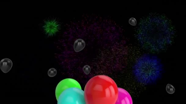 Анимация Черных Красочных Воздушных Шаров Рождеством Новогодними Фейерверками Ночном Небе — стоковое видео
