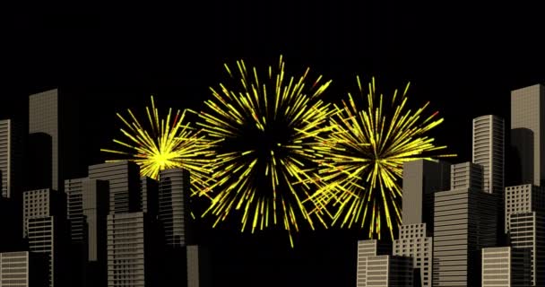 Sarı Noel Yeni Yıl Havai Fişeklerinin Gece Gökyüzünde Şehir Manzarasında — Stok video