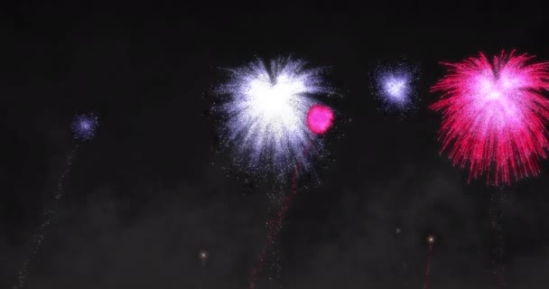 ピンクと白のクリスマスと夜空に爆発する新年の花火のアニメーション クリスマス お祝い パーティー 伝統的なコンセプトをデジタルで生成したビデオ — ストック動画