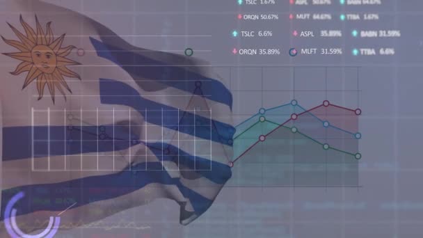 Animación Procesamiento Datos Gráficos Sobre Bandera Uruguay Sobre Fondo Gris — Vídeos de Stock