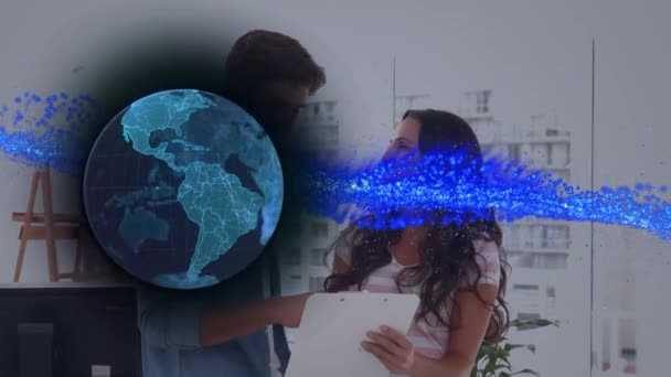 Animation Global Network Blue Particles Processing Data Man Women Work — Αρχείο Βίντεο