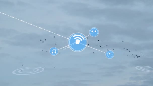 Κινούμενο Σχέδιο Δικτύου Συνδέσεων Εικονίδια Μπλε Φόντο Παγκόσμιες Συνδέσεις Και — Αρχείο Βίντεο