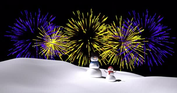 Animación Muñecos Nieve Con Navidad Púrpura Amarilla Fuegos Artificiales Año — Vídeos de Stock