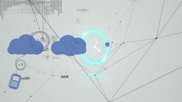 Animación Reloj Sobre Nubes Digitales Con Dispositivos Electrónicos Red Conexiones — Vídeo de stock