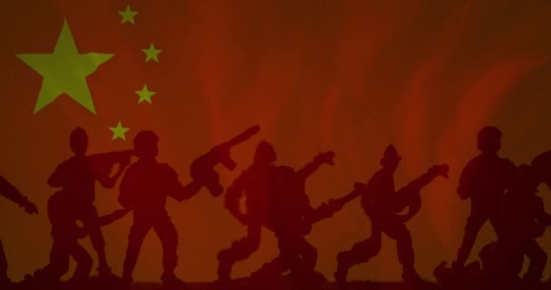 Animación Bandera Porcelana Sobre Siluetas Soldados Fuerzas Armadas Chinas Concepto — Vídeos de Stock