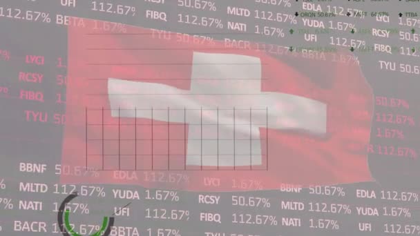 Animação Gráficos Processamento Dados Sobre Bandeira Suíça Fundo Cinza Economia — Vídeo de Stock