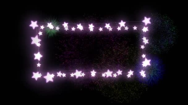 Анимация Рамки Звездных Рождественских Огней Фейерверками Взрывающимися Ночном Небе Рождество — стоковое видео