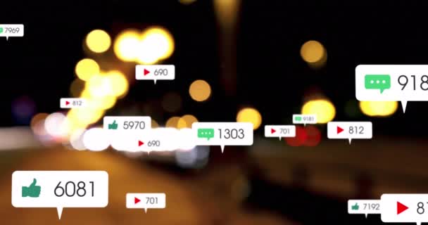 Animation Social Media Icons Numbers Out Focus Traffic Lights Global — Stock Video