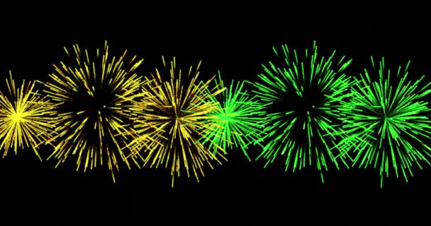 Sarı Yeşil Noel Animasyonu Gece Gökyüzünde Patlayan Yeni Yıl Havai — Stok video