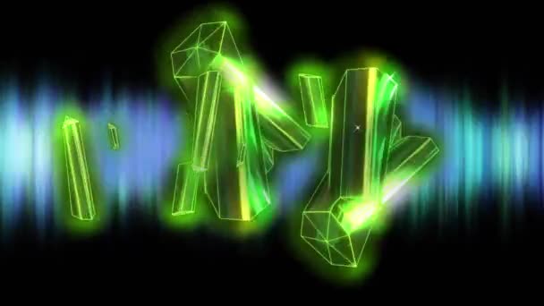 黒い背景に緑の光に浮かんで輝く緑の金属棒のアニメーション エネルギー通信データ転送の概念デジタルで生成されたビデオ — ストック動画
