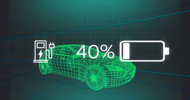 Animación Datos Estado Carga Interfaz Del Vehículo Eléctrico Sobre Modelo — Vídeos de Stock