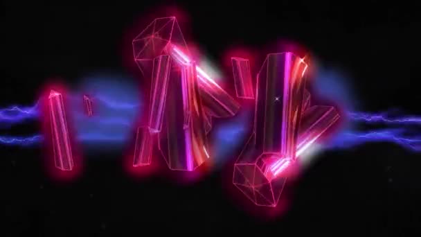 Анимация Светящихся Розовых Металлических Стержней Плавающих Над Фиолетовыми Электрическими Токами — стоковое видео
