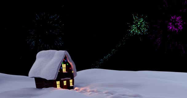 Анімація Барвистих Різдвяних Новорічних Феєрверків Вибухає Нічному Небі Над Будинком — стокове відео