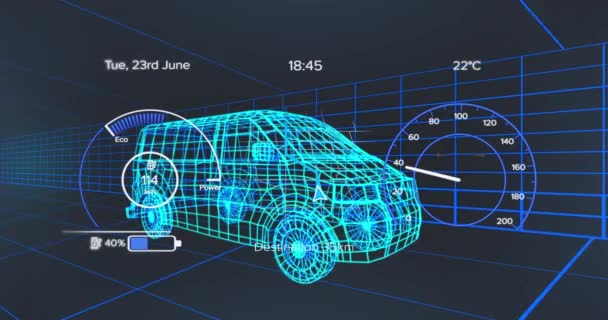 3Dバンモデル上の車両インターフェース上の速度計 Gpsおよび充電ステータスデータのアニメーション 輸送と技術 エンジニアリング設計とデジタルインターフェースの概念デジタル生成されたビデオ — ストック動画