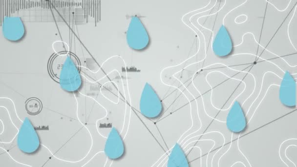 Animation Von Kartenlinien Über Wassertropfen Und Verbindungsnetzen Umwelt Globale Erwärmung — Stockvideo