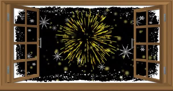 Анімація Відкритого Вікна Сніжинками Різдвяними Новорічними Феєрверками Вибухає Нічному Небі — стокове відео