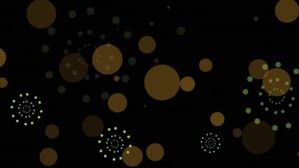 Animación Explosiones Fuegos Artificiales Verdes Manchas Luz Naranja Bokeh Sobre — Vídeos de Stock