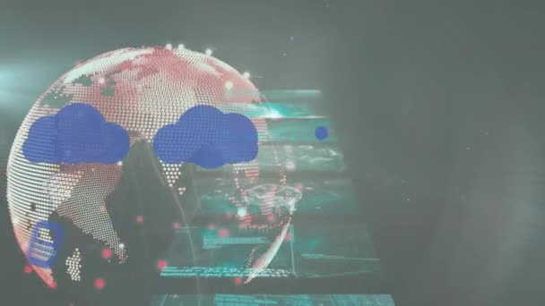 Saatin Dünya Üzerinde Hızlı Hareket Etmesi Dijital Bulutlar Bağlantı Ağı — Stok video