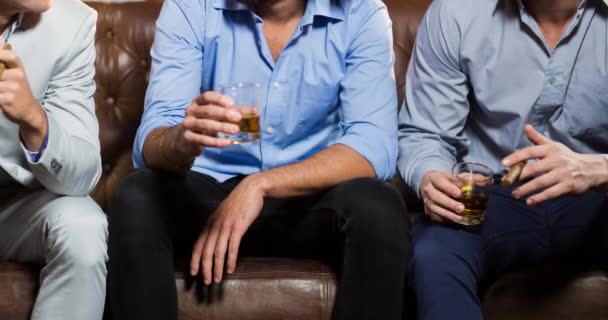 Happy Diverse Male Friends Talking Smoking Cigars Bar Holding Drinks — Stock Video