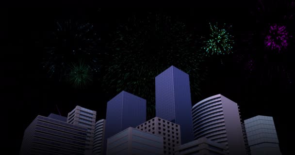 Animace Městské Krajiny Barevnými Vánocemi Novoroční Ohňostrojem Explodující Noční Obloze — Stock video