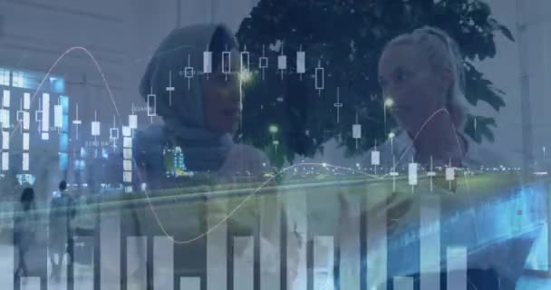 Animação Processamento Estatístico Sobre Mulheres Negócios Conferência Conceito Global Negócios — Vídeo de Stock