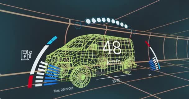 Animacja Danych Prędkościomierza Gps Stanu Naładowania Interfejsie Pojazdu Ponad Model — Wideo stockowe