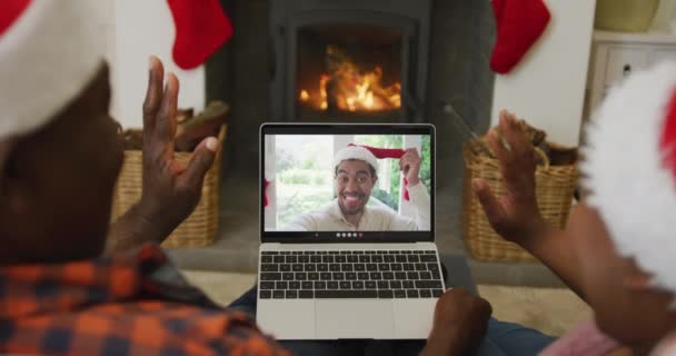 African American Couple Santa Hats Using Laptop Christmas Video Call — Stock Video