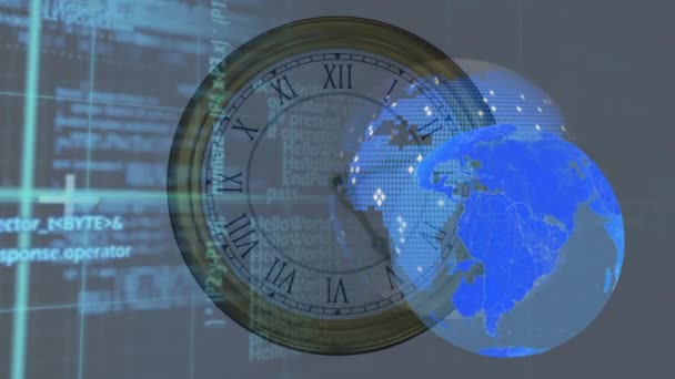 连接和数据处理的全球网络在时钟上的动画化 全球通信技术和数据共享概念数码视频 — 图库视频影像