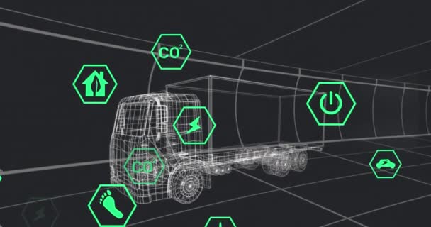 Animatie Van Pictogrammen Verwerking Van Statusgegevens Truck Model Bewegen Zwarte — Stockvideo