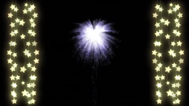 Animação Luzes Fada Estrela Pendurada Com Natal Branco Fogo Artifício — Vídeo de Stock