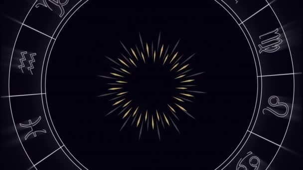 Animatie Van Gouden Stralen Zodiak Wiel Draaien Sneeuw Vallen Zwarte — Stockvideo
