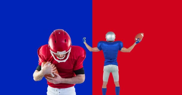 白での対テキストのアニメーション 2つのチームからの男性アメリカのサッカー選手の上 赤と青 スポーツ アメリカンフットボールのコンセプトをデジタルで生成し — ストック動画