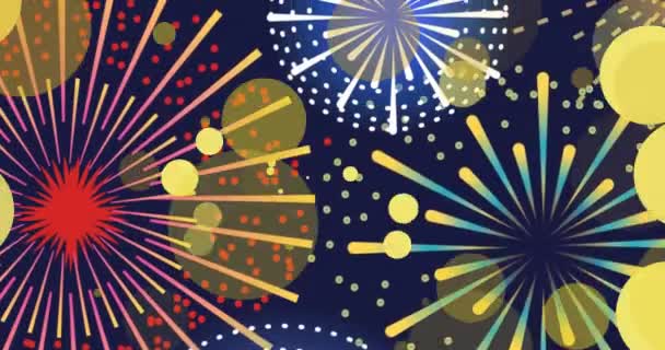 Animazione Esplosioni Fuochi Artificio Colorati Bokeh Macchie Luce Gialla Sfondo — Video Stock