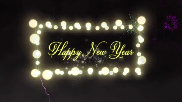 欢愉新年的动画在童话般的灯光下 烟火在夜空中爆炸 庆祝会 派对及传统概念数码影片 — 图库视频影像