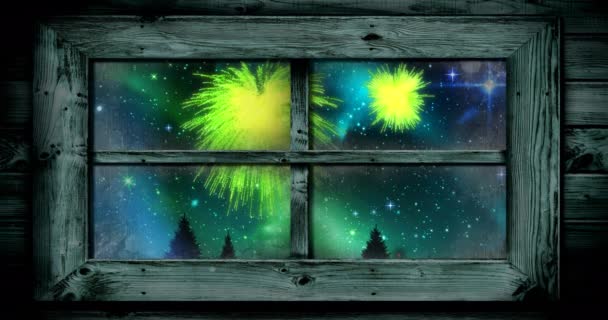 Animacja Okna Zielonymi Świętami Noworocznymi Fajerwerkami Eksplodująca Gwiaździstym Nocnym Niebie — Wideo stockowe