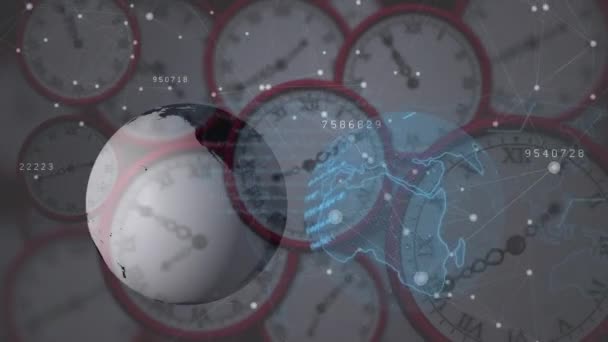 Animation Globe Avec Réseau Connexions Traitement Données Sur Horloges Technologie — Video