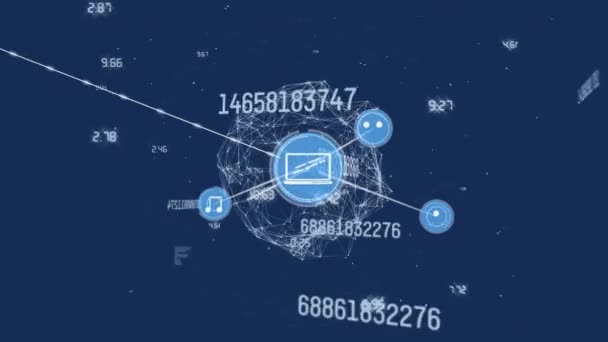 Animering Nätverk Anslutningar Med Digitala Ikoner Och Jordklotet Med Siffror — Stockvideo