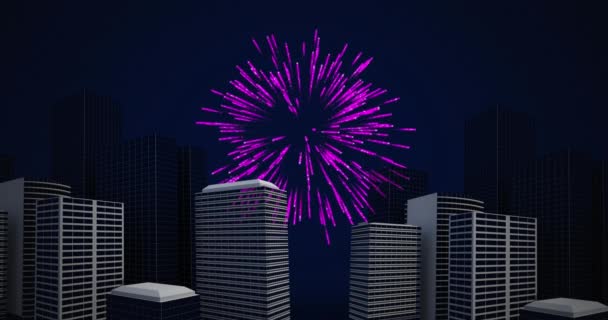 Animation Pink Christmas New Year Fireworks Exploding Cityscape Night Sky — Stock Video